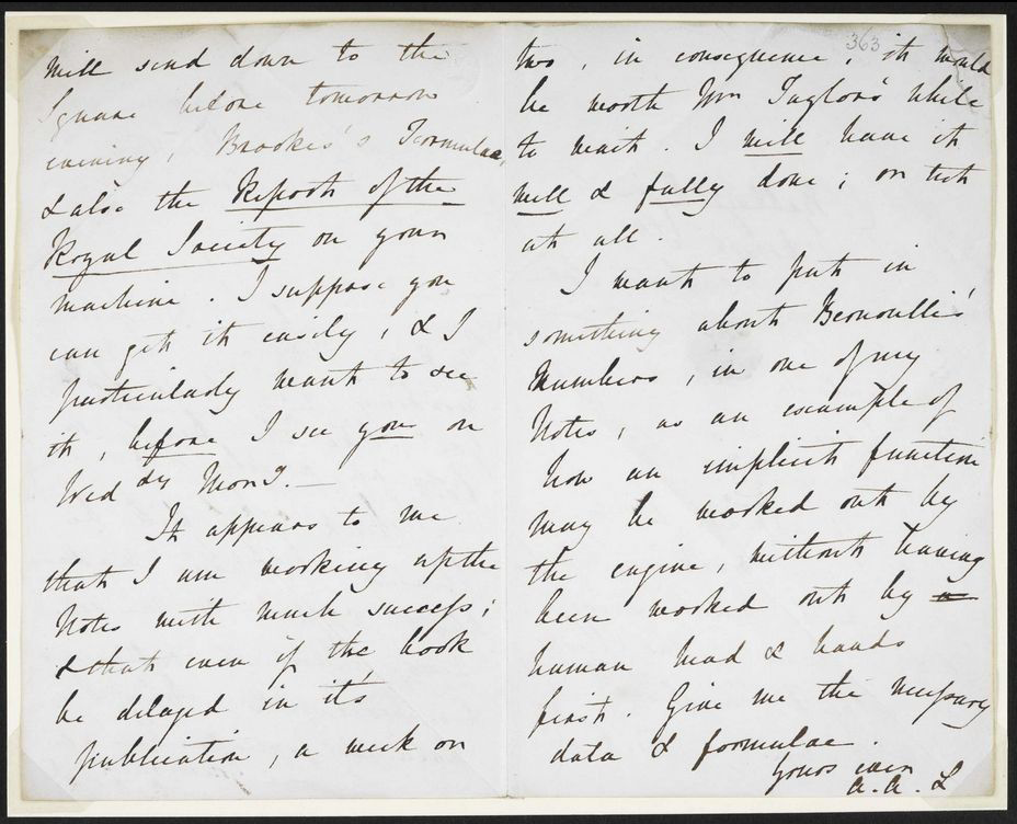 An 1843 letter from Lovelace to Charles Babbage