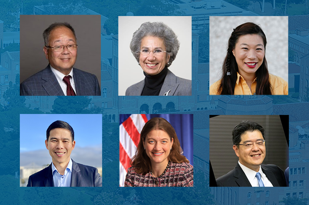 College image of UCLA alumni and UCLA Awards recipients Keith K. Terasaki, Afaf I. Meleis, Kristina Wong, Kiet Lam, Sarah Kapnick and Lawrence Ma 