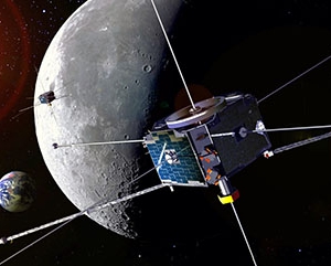 Space Economy_363 Illustration of a satellite floating through space, with Earth, the moon, and empty space in the background.