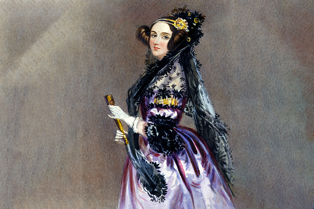 Ada Lovelace wearing a Victorian-era outfit against a grey textured background.