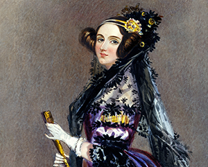 Ada Lovelace wearing a Victorian-era outfit against a grey textured background.