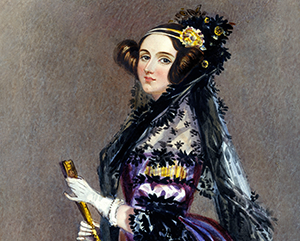 Ada_Lovelace_363 Ada Lovelace wearing a Victorian-era outfit against a grey textured background.