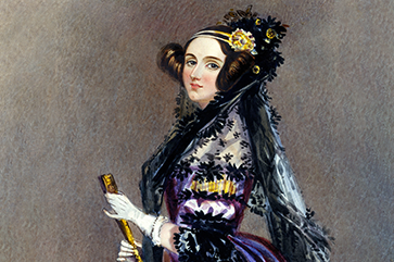 Ada Lovelace wearing a Victorian-era outfit against a grey textured background.