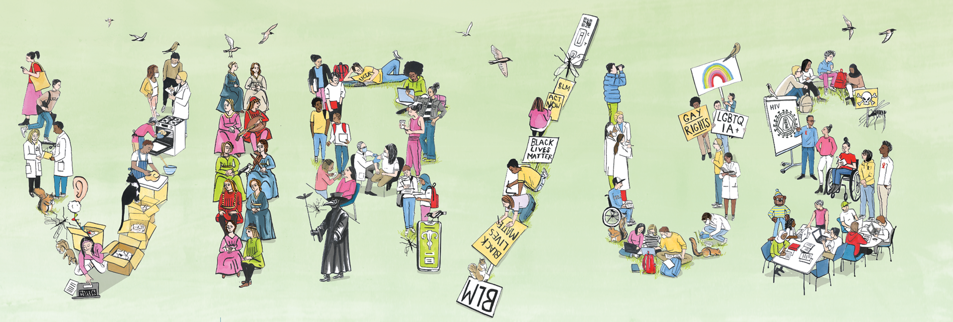 Illustration of an assortment of people, insects, and animals forming the letters, "VIR/US" against a light green background.