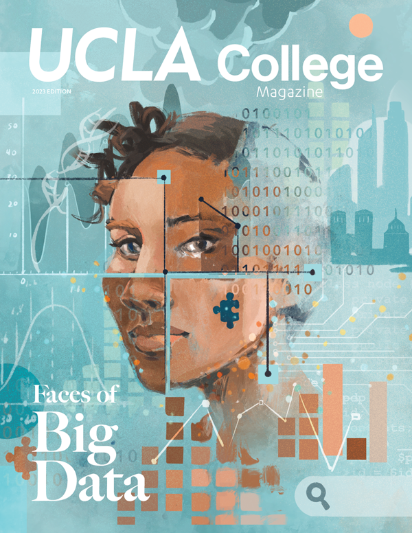 UCLA College Magazine Cover that is an Illustration of a portrait made up of various faces, data visuals that graphs, charts and other visuals that include a search bar, social media icons, the bruin bear, portrait of downtown LA and Royce