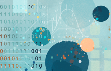 Illustration of floating blue and orange spheres, a white-stencil bell curve equation, with black and orange code script against a light blue background.