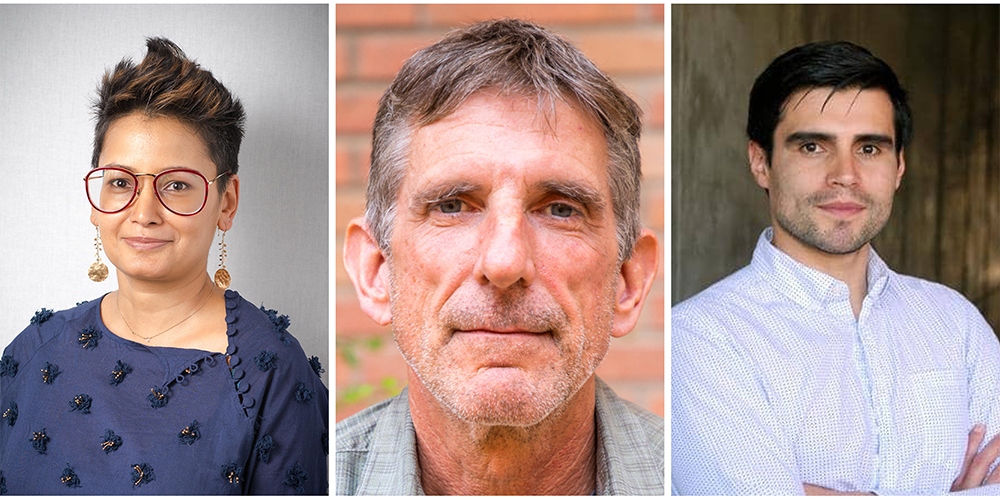 Clockwise from left to right: UCLA College marshals Yogita Goyal, Stuart Brown, and Jose Rodriguez. 