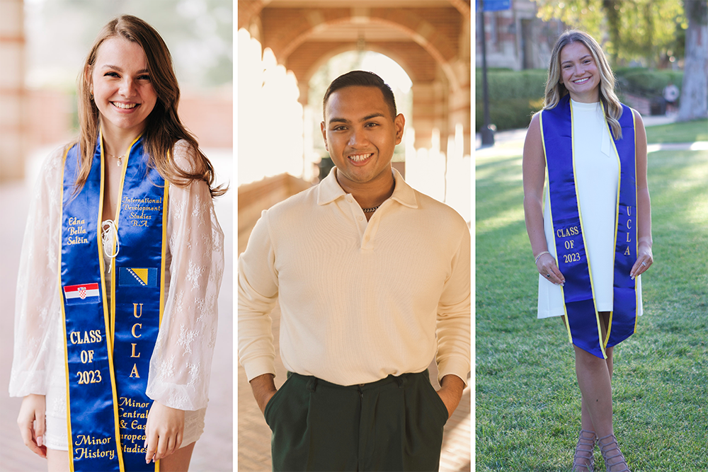 From left to right, UCLA College 2023 Commencement singers Edna Bella Salčin, James Ryan Viason Flores, and True Geralds