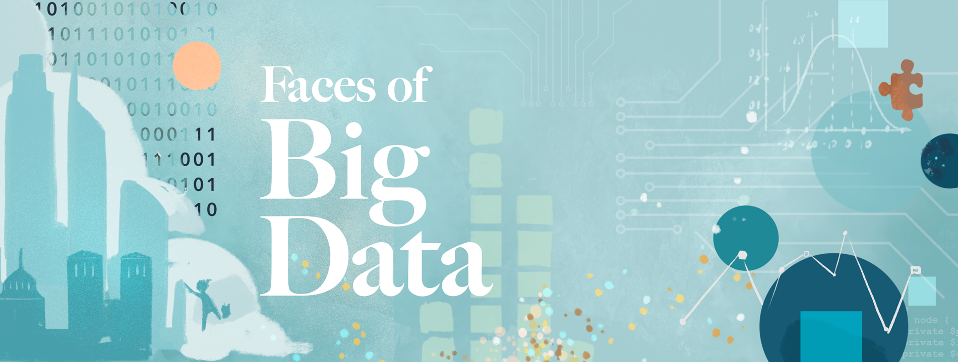 Illustration of data visuals such as graphs, charts and other visuals that include a search bar, social media icons, the bruin bear, portrait of downtown LA and Royce