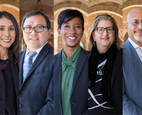 Vertical collage of UCLA College Deans: Adriana Galván (Dean of Undergraduate Education); Miguel García-Garibay (Senior Dean of the College/)Dean of Physical Sciences; Tracy Johnson (Dean of Life Sciences); Alexandra Minna Stern (Dean of Humanities); Abel Valenzuela (Interim Dean of Social Sciences)