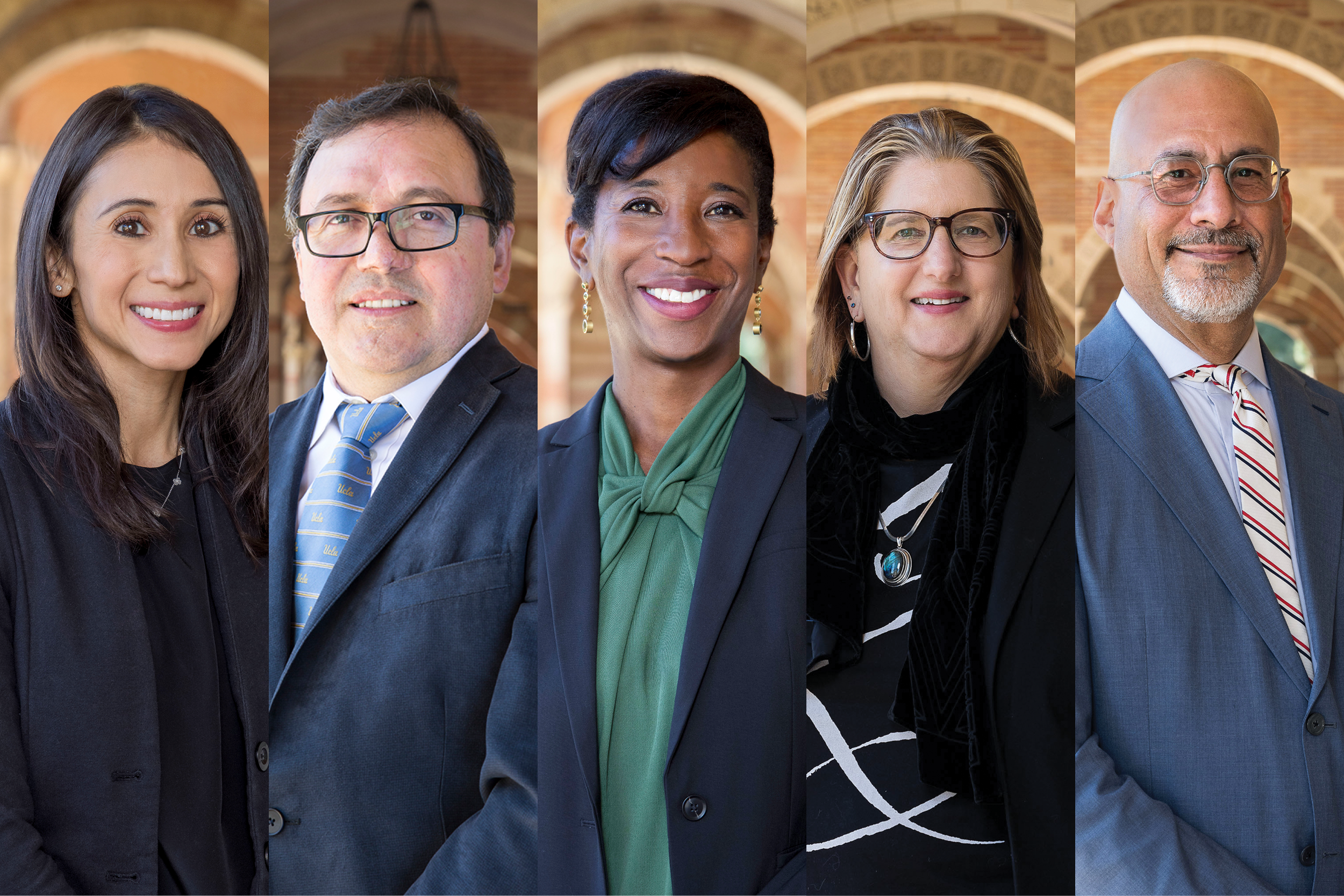 Vertical collage of UCLA College Deans: Adriana Galván (Dean of Undergraduate Education); Miguel García-Garibay (Senior Dean of the College/)Dean of Physical Sciences; Tracy Johnson (Dean of Life Sciences); Alexandra Minna Stern (Dean of Humanities); Abel Valenzuela (Interim Dean of Social Sciences)