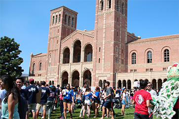 Students gathered in front of Royce Hall on sunny day with a clear blue sky.