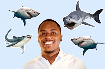 Head and shoulders photo of De'Marcus Robinson smiling against a light blue background with cut-out images of sharks surrounding him.