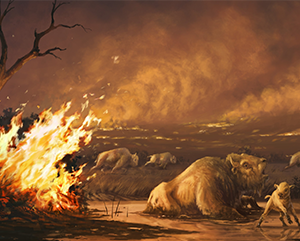 Illustration of bison entrapped in asphalt as wildfires rage