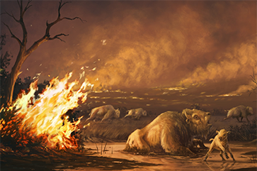 Illustration of bison entrapped in asphalt as wildfires rage