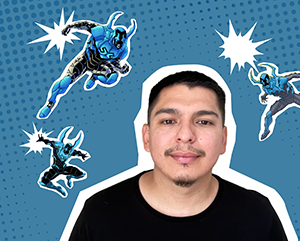 blue-beetle-363-241 Kevin Cruz surrounded by miniature Blue Beetles against a blue background.