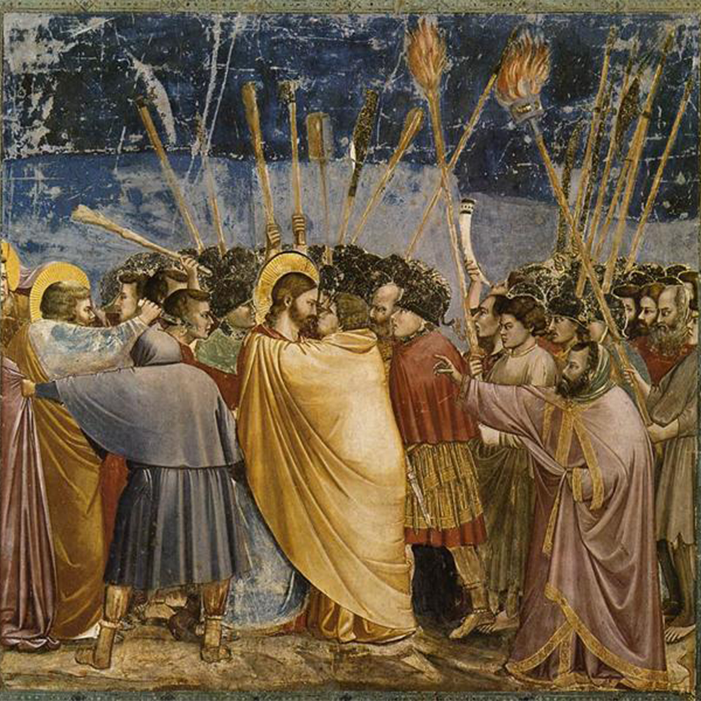 Jesus and Judas stand in the middle of a painting, surrounded by followers and enemies of Jesus.