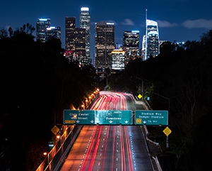 Nighttime view of the 110 Freeway in Los Angeles