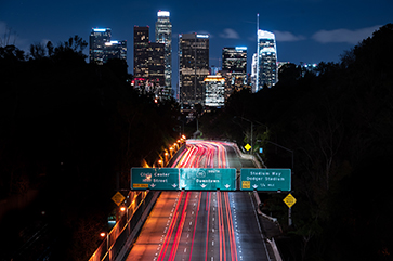 Nighttime view of the 110 Freeway in Los Angeles