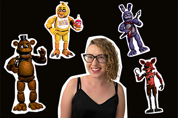 Rebecca Smith surrounded by characters from the movie Five Nights at Freddy's