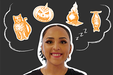 Cutout of Shantée Ayala Rosario with images of a cat, jack-o’-lantern, cauldron and sleeping bat