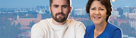 Composite photo of Kevin Love (left) and Michelle Craske with UCLA campus in background