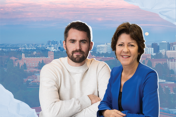 Composite photo of Kevin Love (left) and Michelle Craske with UCLA campus in background