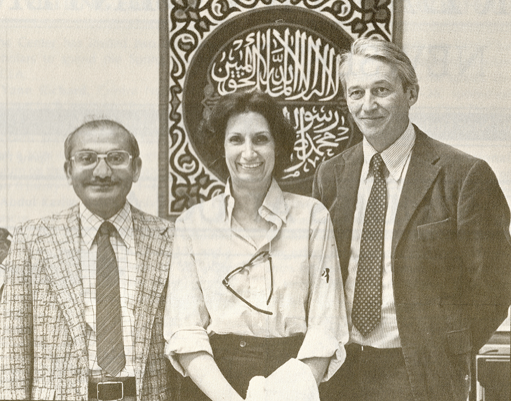 Retired UCLA professor Thomas Penchoen (right), (now emeriti) professors Ismail Poonawala (left) and Afaf Marsot (center) in spring 1984.