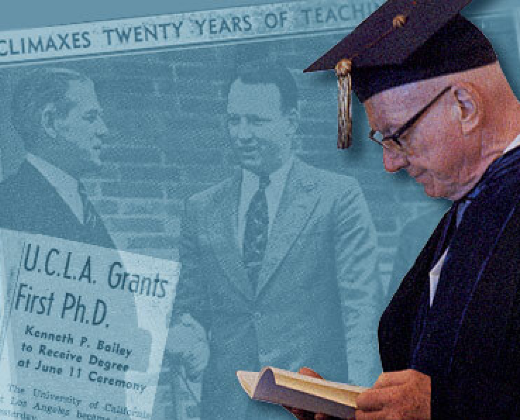Kenneth P. Bailey in graduation regalia superimposed on a blue tinted image of two men in suits and newspaper cut out reading, "U.C.L.A. grants first Ph.D. Kenneth P. Bailey to receive degree on June 11 ceremony.