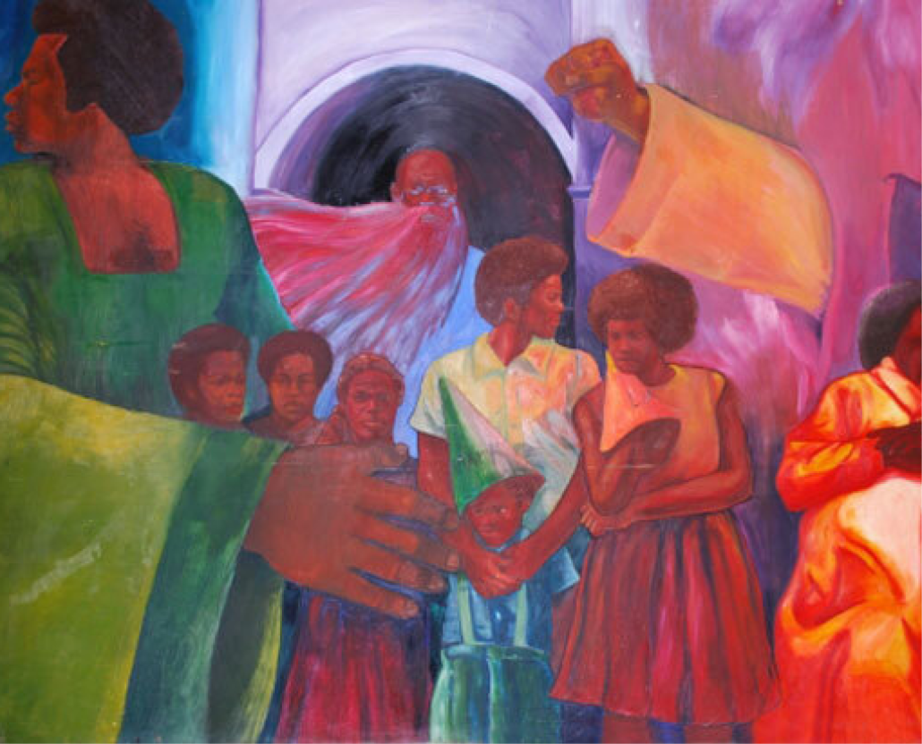A painting depicting Black adults and children.