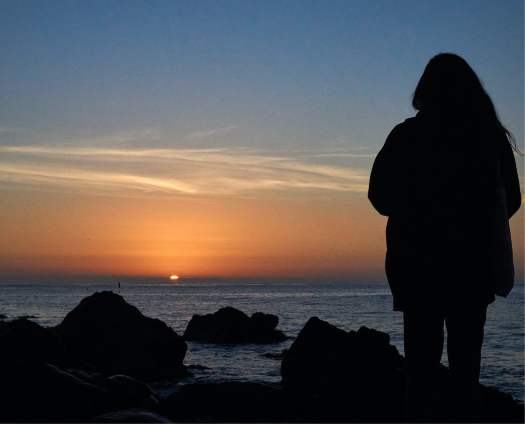 The black silhouette of a woman gazing at the sun set beneath the ocean, the sky half blue, half orange.