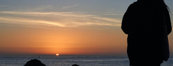 The black silhouette of a woman gazing at the sun set beneath the ocean, the sky half blue, half orange.