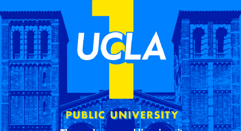 An illustration of a blue-tinted Royce Hall against a blue background, with the following text superimposed in yellow, "1 Public University," and the following text superimposed in white, "UCLA. The number one public university for the 7th year in a row."