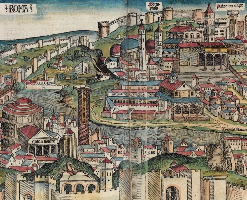 An illustration depicting Rome, featuring buildings, a river, an aqueduct and a wall surrounding the city.