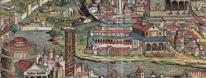 An illustration depicting Rome, featuring buildings, a river, an aqueduct and a wall surrounding the city.