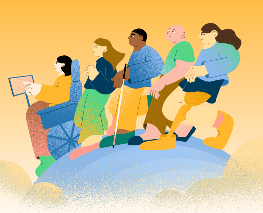 An illustration of a diverse group of five people, including one with a prosthetic leg, one with a walking stick and one in a wheelchair, making their way across a blue globe against an orange background.