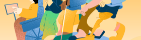 An illustration of a diverse group of five people, including one with a prosthetic leg, one with a walking stick and one in a wheelchair, making their way across a blue globe against an orange background.