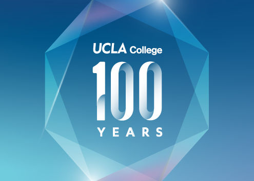 An illustration of three-dimensional cube against a blue gradient background and in the center superimposed in white, the words "UCLA College 100 Years."