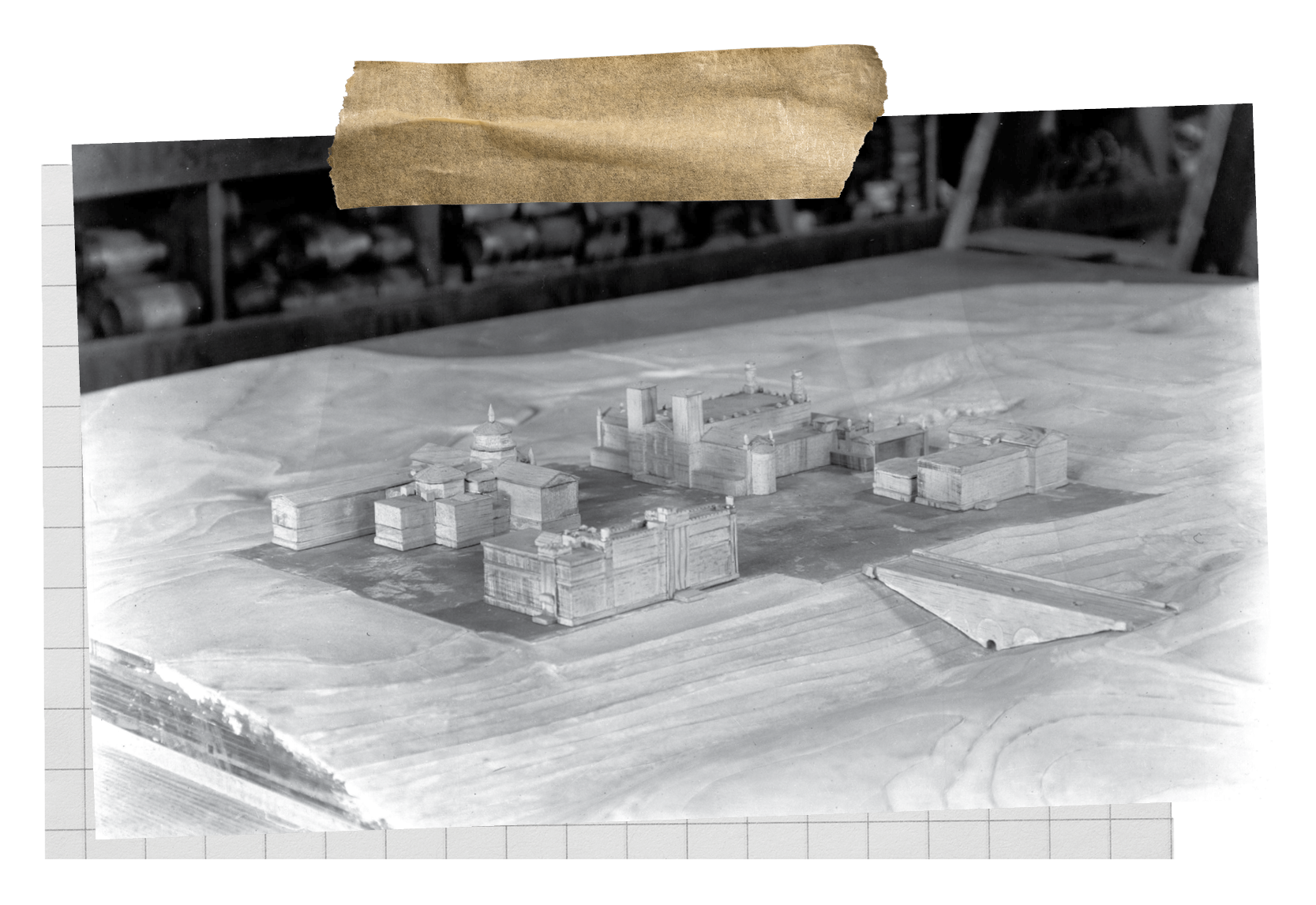 A black and white photograph of a model depicting UCLA’s first four buildings