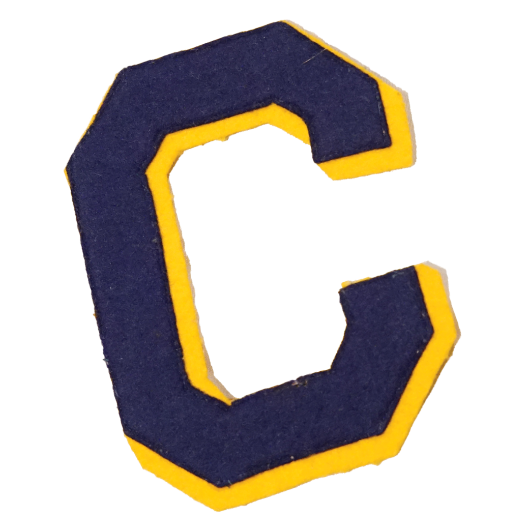 A blue felt patch depicting a capital "C" with a yellow outline.