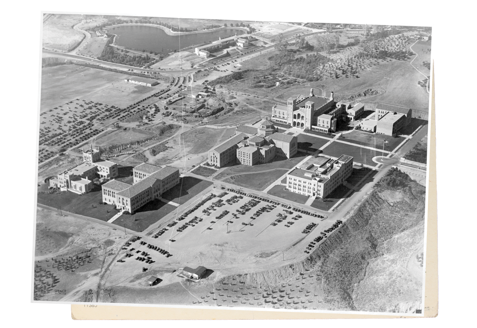 A black and white aerial photograph of UCLA's Westwood campus taken in the 1930s.
