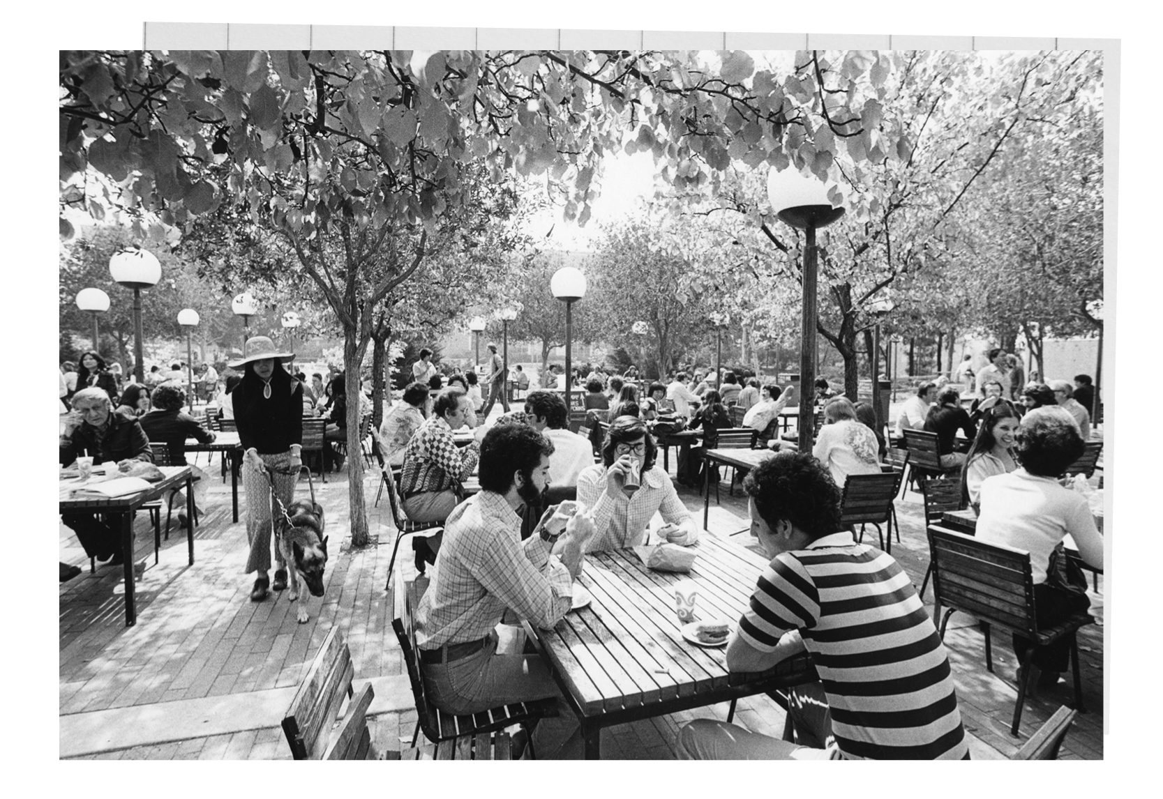 A black and white photograph of students eating in an outdoor courtyard.