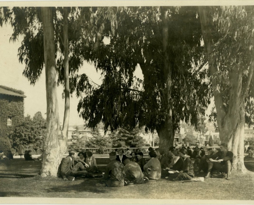 A black and white photograph of students sitting outside beneath the shade of trees with trees and buildings in the background.