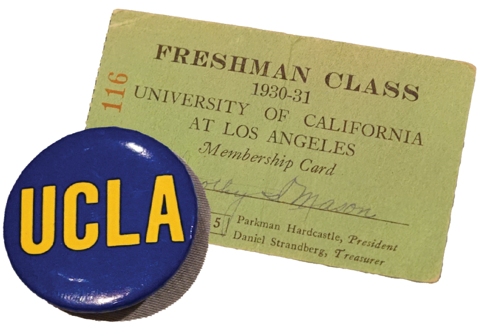 A yellow 1930-31 UCLA freshman class membership card and a blue pin-back button with "UCLA" spelled out in gold. ﻿