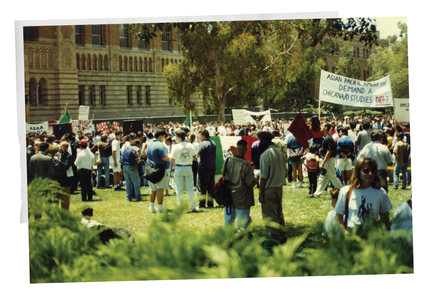 Students at a rally on Dickson Plaza to demand departmental status for Chicano studies in 1993.