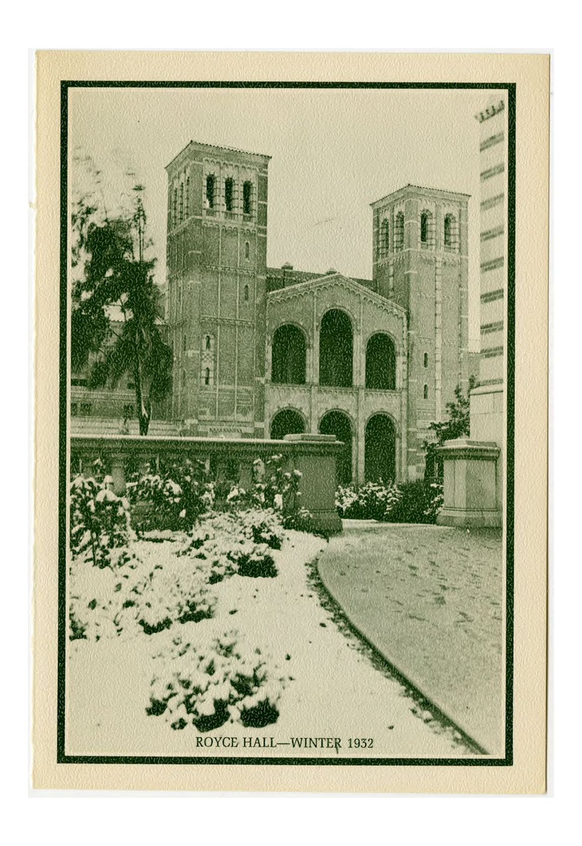 A black and white photograph of Royce Hall covered in snow during the winter of 1932.