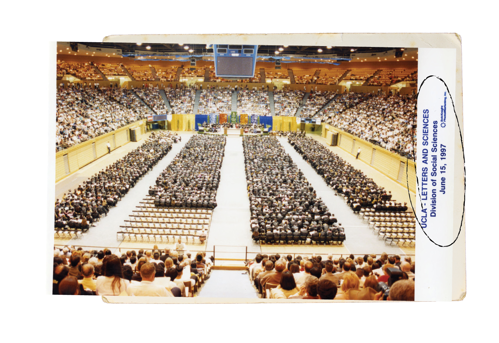 An aerial photograph of the graduates attending the 1997 UCLA College Division of Social Sciences commencement,