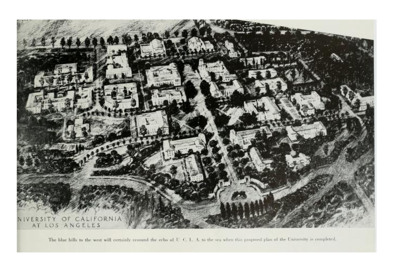 A black and white illustration from UCLA's 1947 yearbook depicting the university's expansion in Westwood.