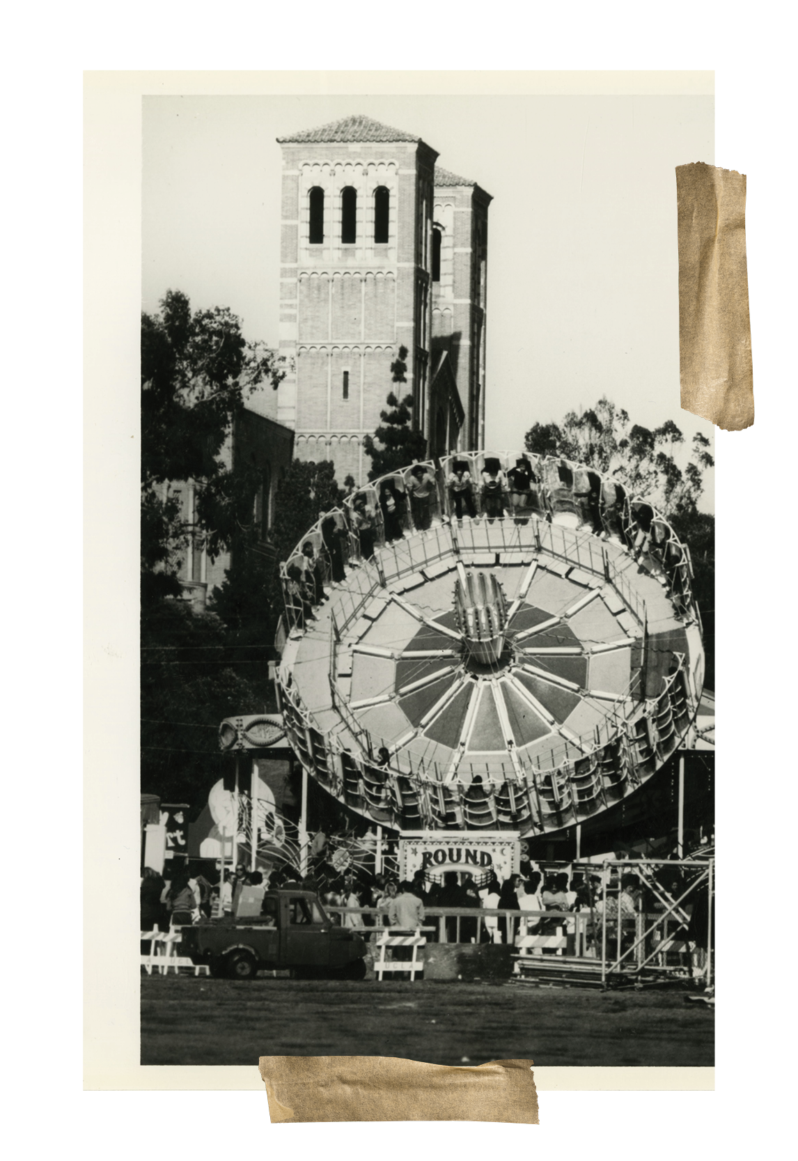 A black and white photograph of a carnival ride on UCLA's campus. Date unknown.