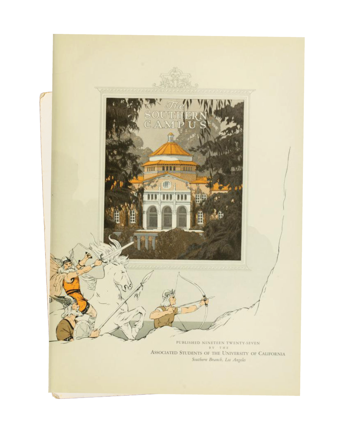 The cover of UCLA's (then called The Southern Campus) 1927 yearbook, depicting Viking warriors and a building surrounded by trees.